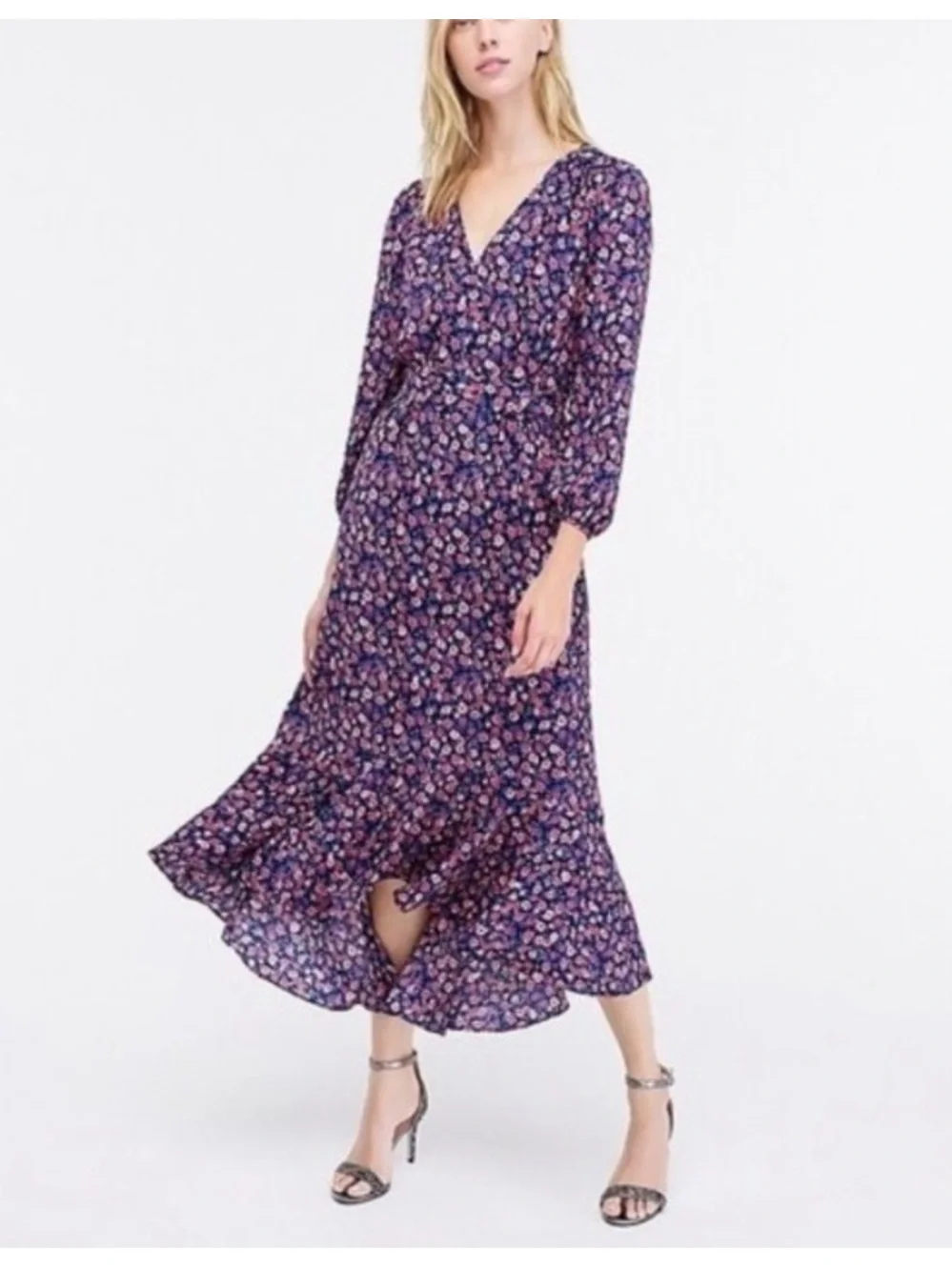 J. Crew Navy Pink Floral High-Low Midi Faux Wrap Dress